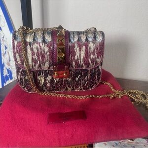 Valentino Rockstud Glam Lock Mixed Media Crossbody Bag with Gold Chain